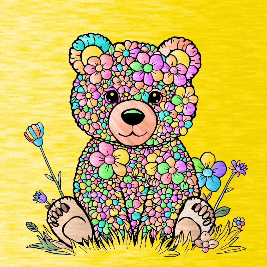 A bear cub made of flowers, colored in pink, teal and green on a yellow background