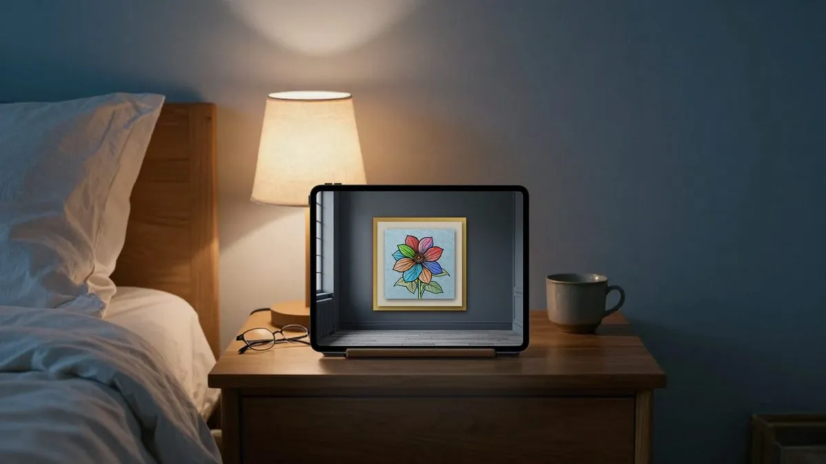 My Atelaire playing on an iPad on a nightstand at night