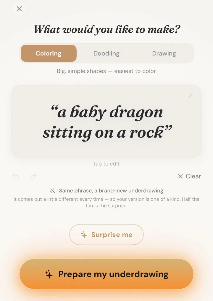 The New artwork screen with the idea “a baby dragon sitting on a rock” typed in